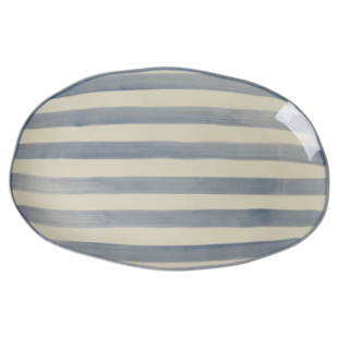 Ceramic Serving Platter in Creme with Blue  Stripes - Large