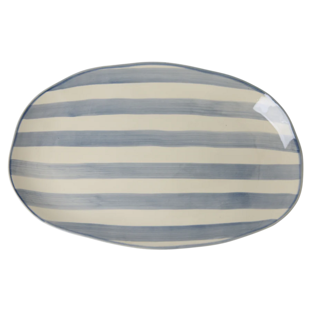 Rice Ceramic Serving Platter in Creme with Blue  Stripes - Large