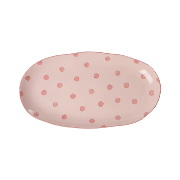Rice Ceramic Serving Platter in Pink with Coral  Dots