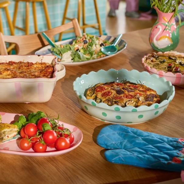 Rice Ceramic Serving Platter in Pink with Coral  Dots