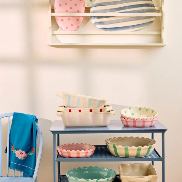 Rice Ceramic Serving Platter in Creme with Blue  Stripes - Large