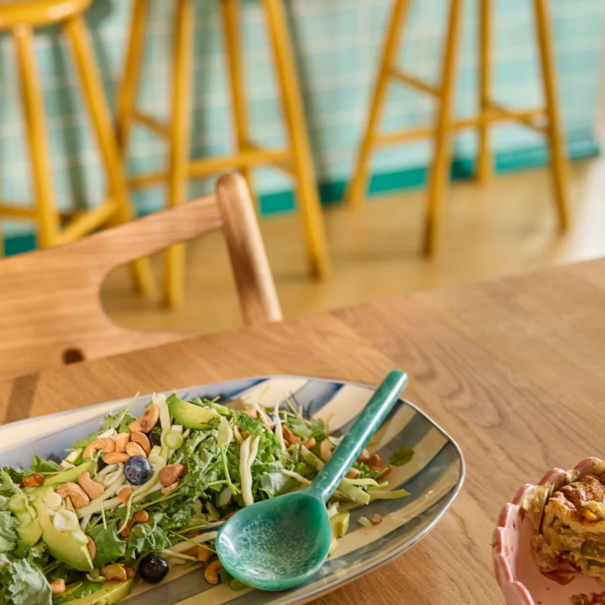 Rice Ceramic Serving Platter in Creme with Blue  Stripes - Large
