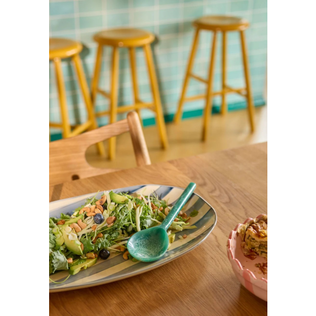 Ceramic Serving Platter in Creme with Blue  Stripes - Large