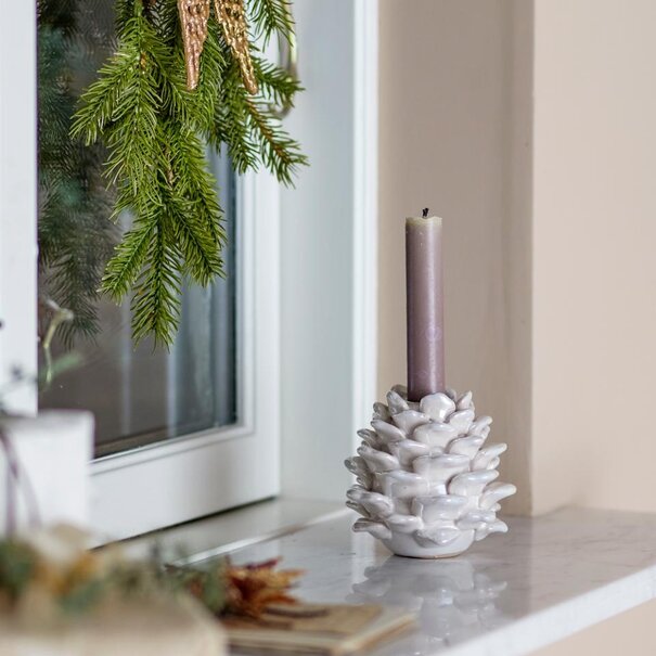 Bloomingville Pine Candle Holder, White, Stoneware