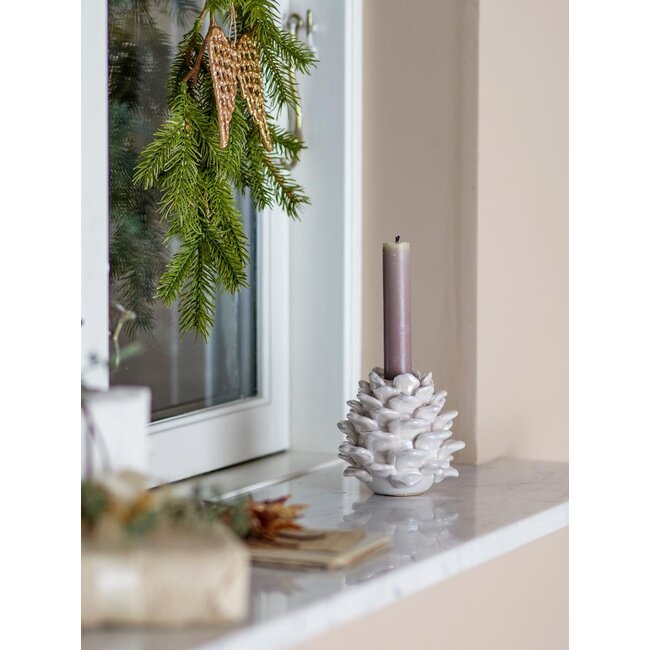 Pine Candle Holder, White, Stoneware