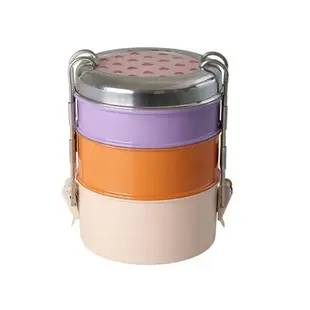 Round Stainless Steel 3-layer Lunchbox with Heart Print