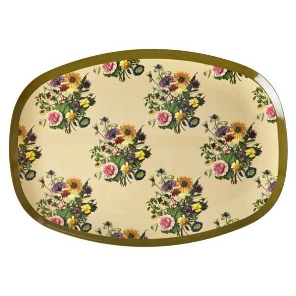Rice Melamine Rectangular Plate with Retro Bouquet Print