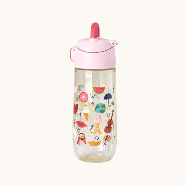 Rice Plastic Kids Drinking Bottle with ABC Print -  Pink - 550 ml