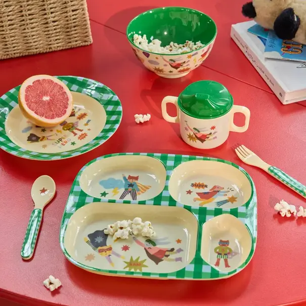 Rice Melamine Kids 4 Room Plate with Hero Print  - Green