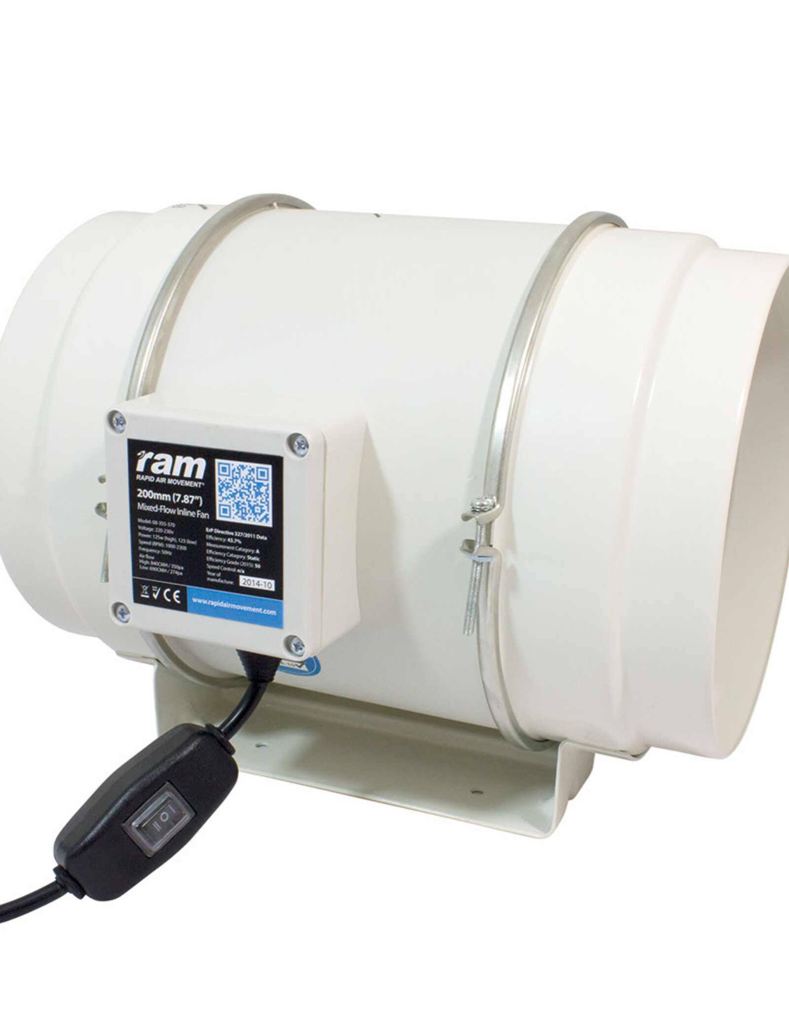 RAM RAM Mixed-Flow Inline Fan - 200mm - 840m³/hr - Low Speed - 690m³/hr