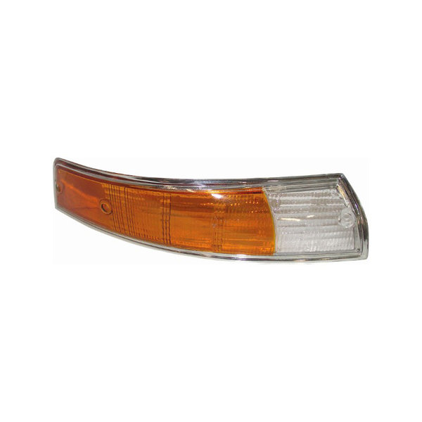 Turn signal light lens, front, EU, chrome rim, yellow/white, right, with E-mark (Porsche 911 - 1970-1973)