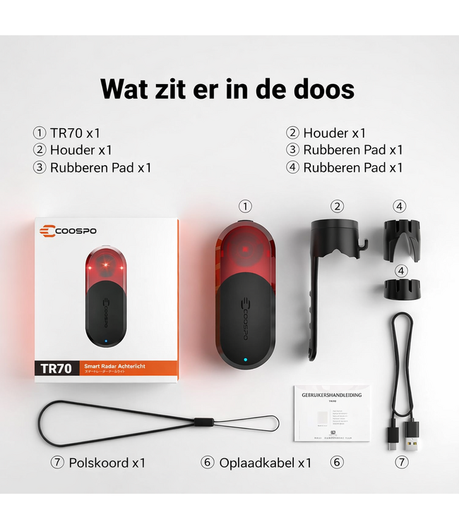 Coospo TR70 Smart Radar Achterlicht Verlichting Geschikt voor Garmin, Wahoo | Alternatief Garmin Varia