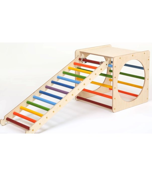 Katehaa Katehaa - Twee Houten Speelkubus met Glijbaan/Klimhelling en Ladder - Regenboog (Set van 4)