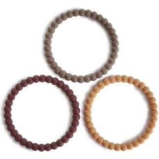 Mushie Pearl Bracelet Bijtring - Berry, Marigold & Khaki (set van 3)