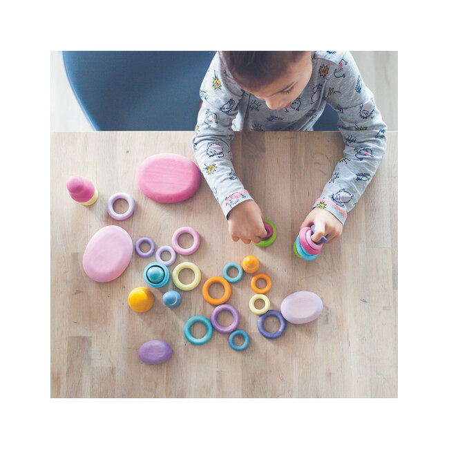 Grimm's - Houten Bouw Ringen - Pastel (24-delig)