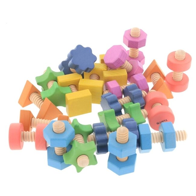 TickiT - Houten Set Gekleurde Bouten & Moeren (21-delig)