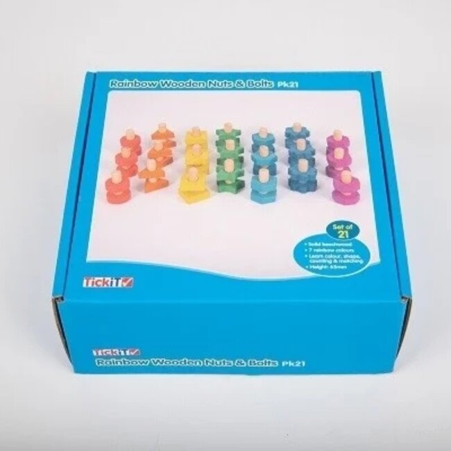 TickiT - Houten Set Gekleurde Bouten & Moeren (21-delig)