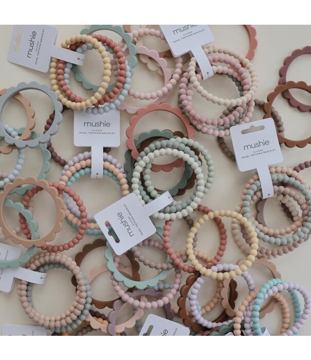 Mushie Mushie Pearl Bracelet Bijtring - Linen, Peony & Pale Pink (set van 3)