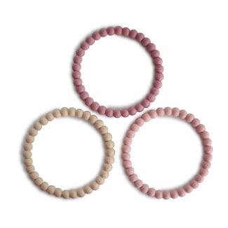 Mushie Pearl Bracelet Bijtring - Linen, Peony & Pale Pink (set van 3)