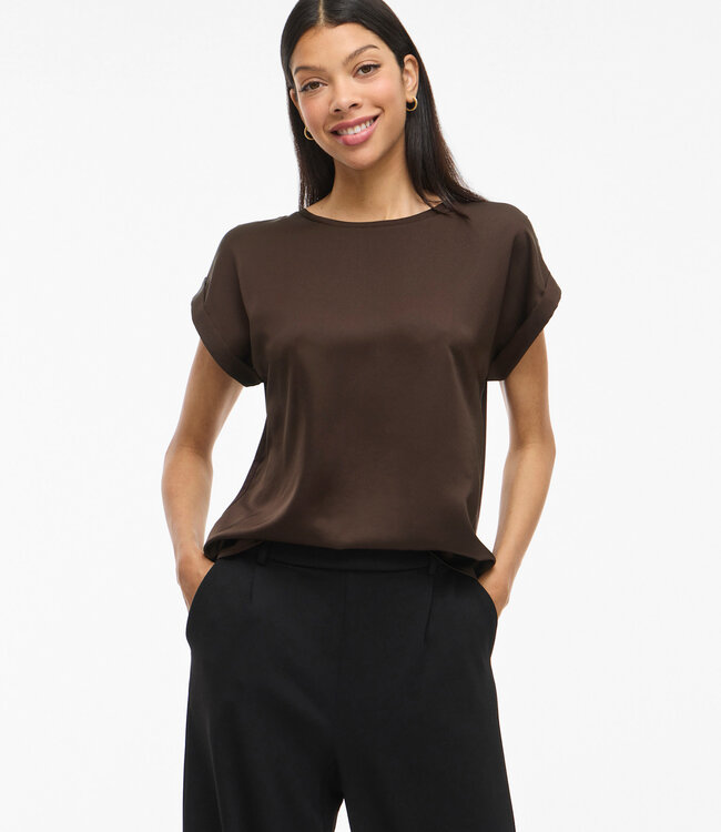 VILA T-Shirt ELLETTE SATIN O-NECK VILA COFFE BEAN