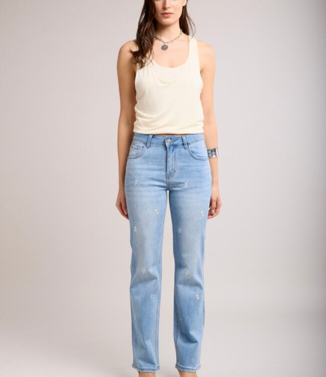 TOXIK3 Broek JEANS STRAIGHT FIT TOXIK3 BLOEMEN EN STRASS Z038