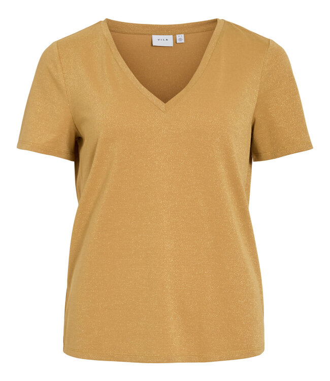 VILA T-Shirt LUXI GLITTER V-NECK VILA AMBER GOLD