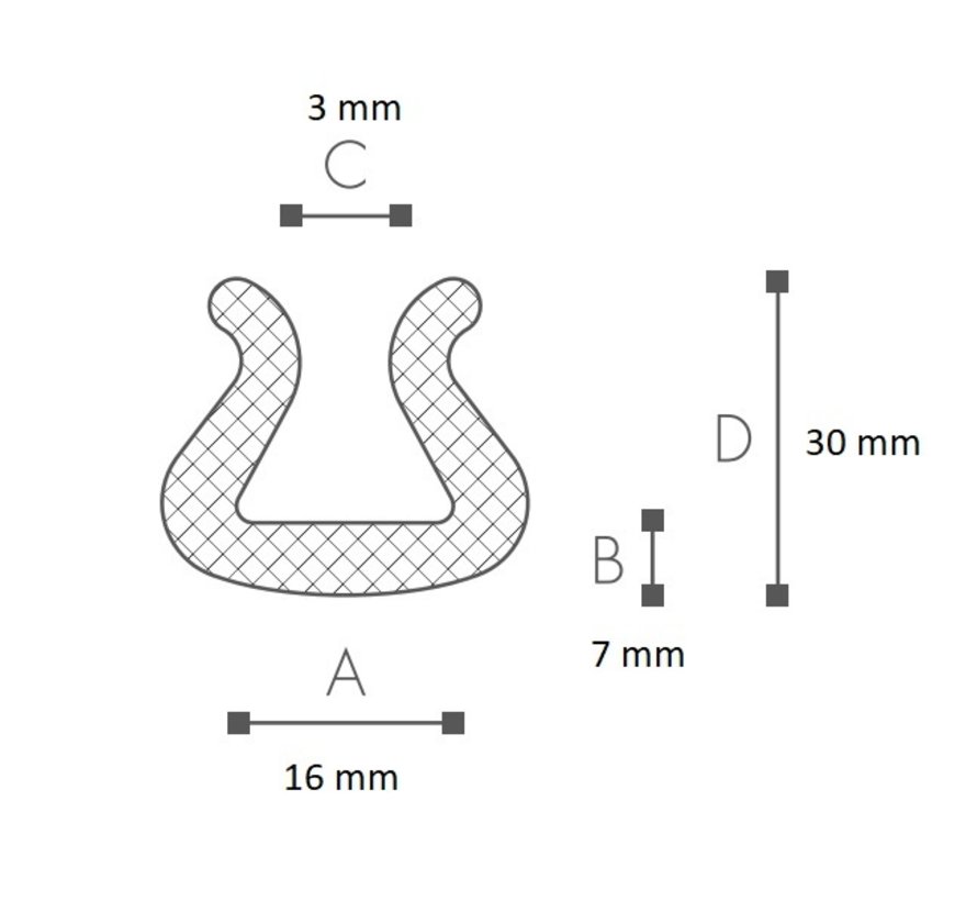 Schuimprofiel U-vorm – Opening 3 - 16 mm – Hoogte 30 mm – 200 cm lang – Doos 250 stuks