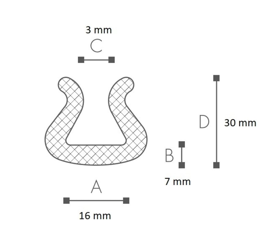 Schuimprofiel U-vorm Tulp 3 - 16 mm x 30 mm x 7 mm Doos 250 stuks - Lengte 1 meter per profiel