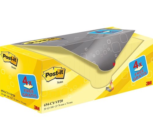 Post-It Post-it Notes 76 x 76 mm - Geel - 100 vel per blok - Voordeelpak met 20 blokken