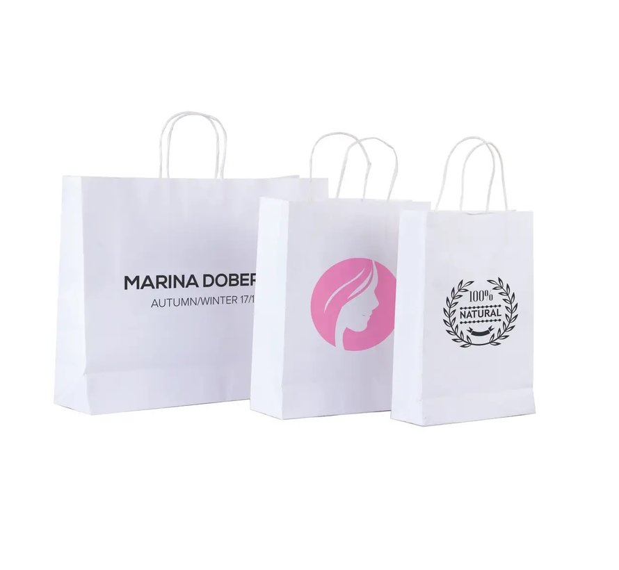 Bedrukte papieren tasjes - 18 x 8 x 22 cm - Per 100 stuks - Keuze uit kleur en handgreep