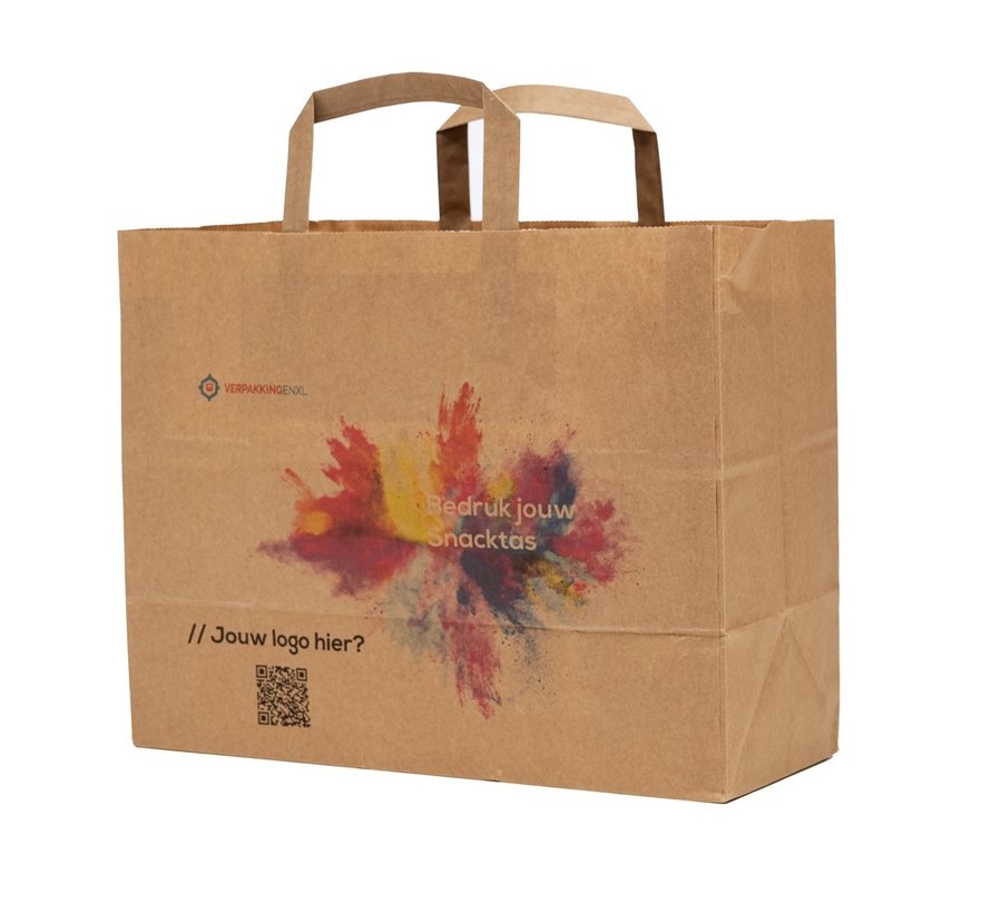 Bedrukte papieren tasjes - 18 x 8 x 22 cm - Per 100 stuks - Keuze uit kleur en handgreep