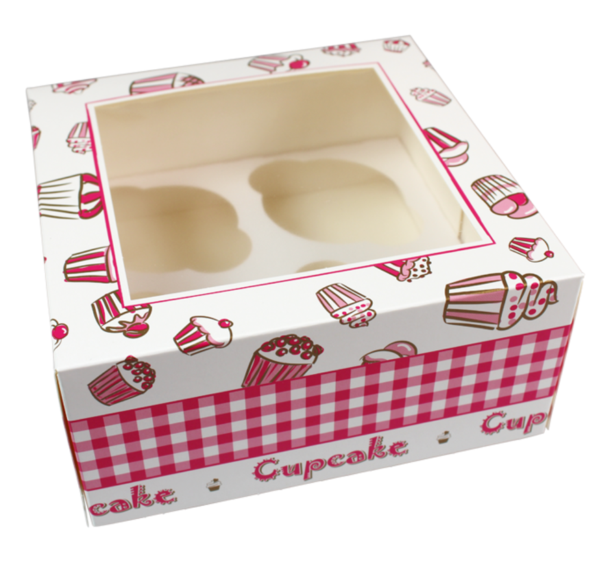 Cupcake doos - Voor 4 stuks - 170x170x80mm - wit/roze - 100 stuks