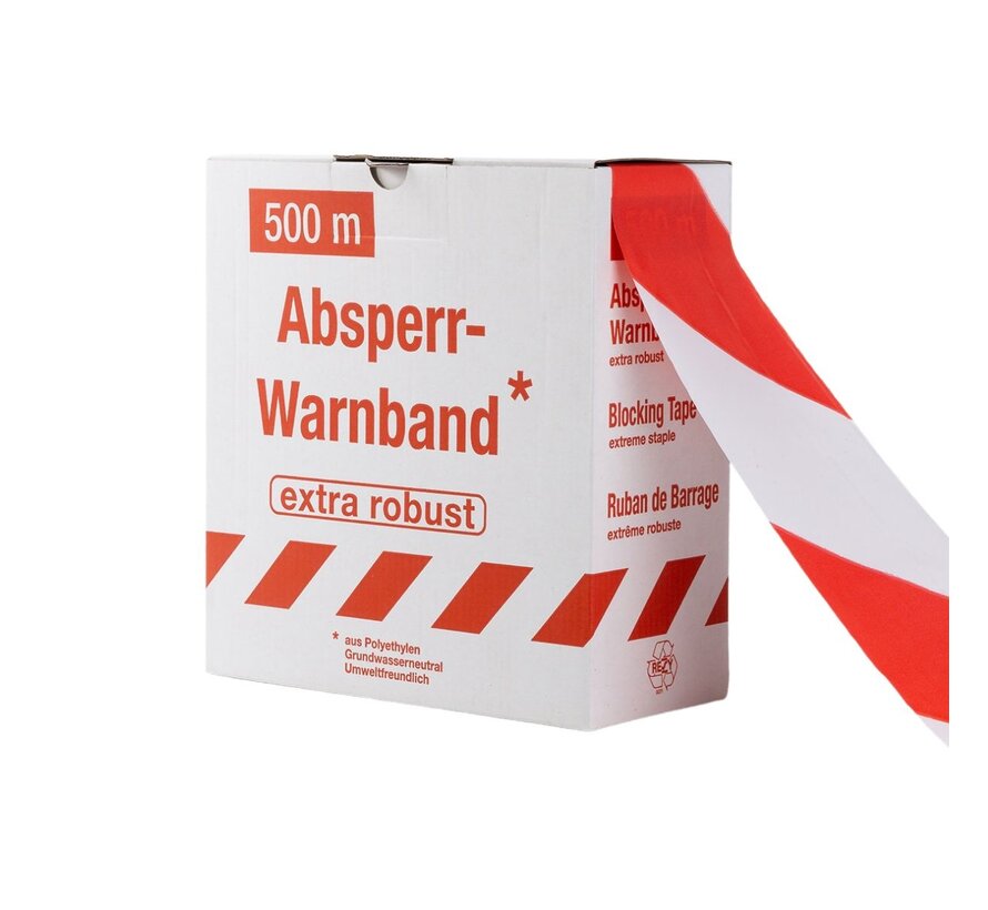 Afzetlint Rood/Wit - 80 mm x 500 m - Extra sterk 32 my - In dispenserdoos