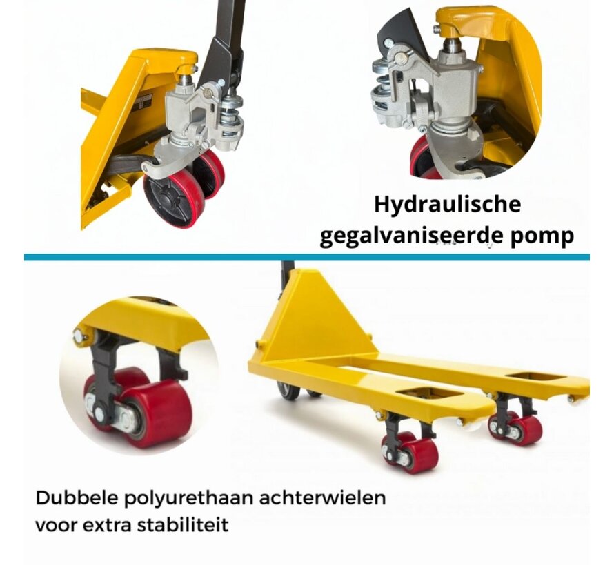 Palletwagen 2500 kg - vork 1150 mm - dubbel vorkwiel - gegalvaniseerde pomp
