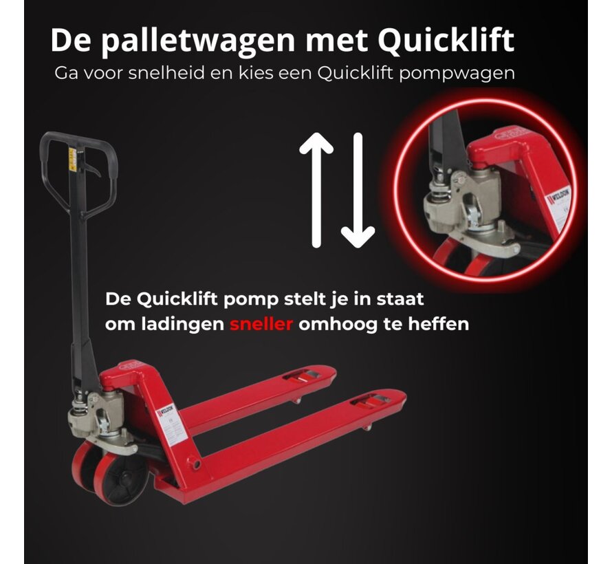 WELDON Palletwagen Quicklift 2500 kg - vork 1150 mm - rubber stuurwielen - PU vorkwielen