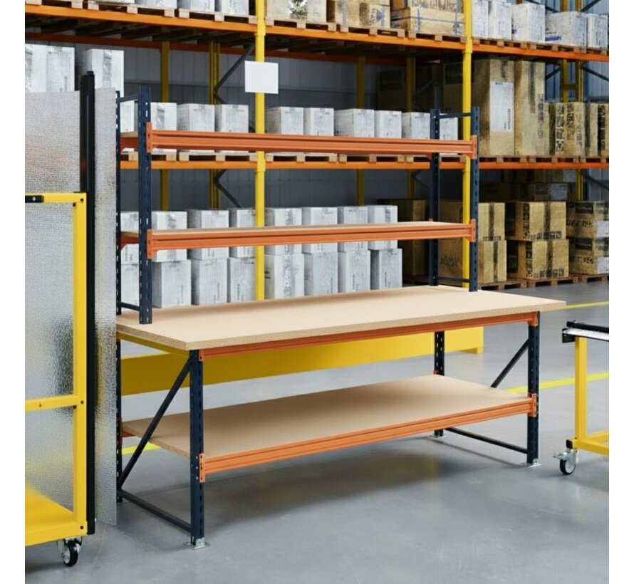 Inpaktafel magazijn met opzetstuk - 2700 x 1050 x 1000 mm - Sterke werktafel met vier niveaus