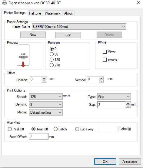 Printer instellingen Density 8