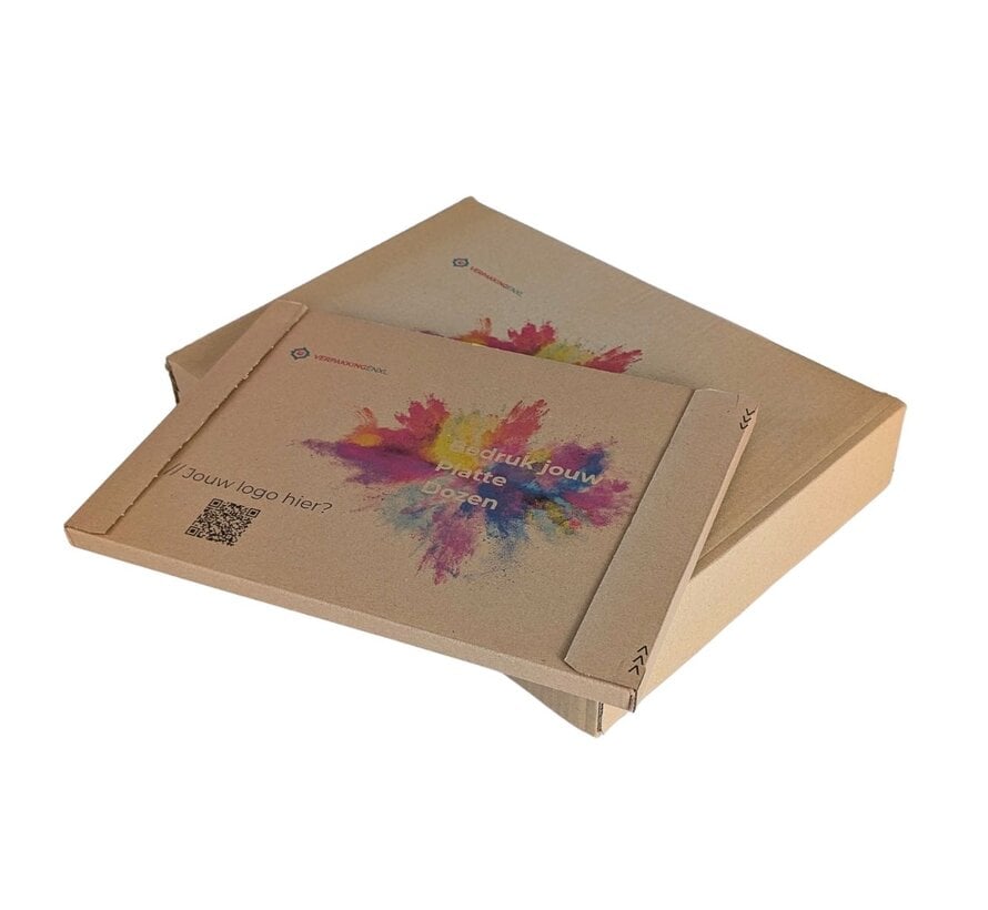 Bedrukte platte verzenddoos met plakstrips - 350 x 250 x 20 mm - Per bundel met 100 dozen