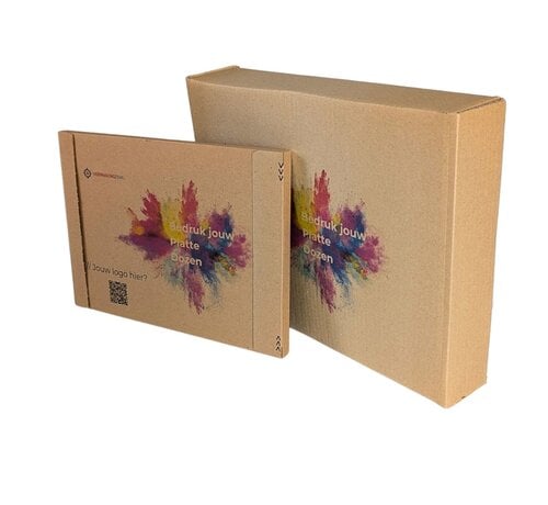 Bedrukte platte verzenddoos met plakstrips - 350 x 250 x 30 mm - Per bundel met 100 dozen