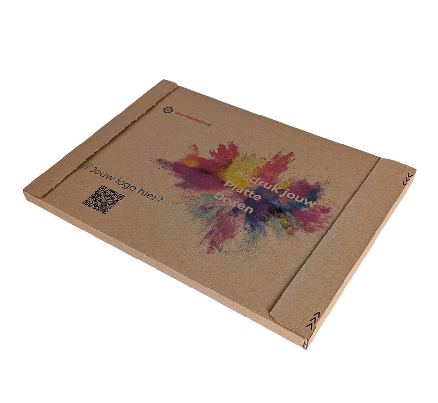 Bedrukte platte verzenddoos met plakstrips - 350 x 250 x 50 mm - Per bundel met 100 dozen