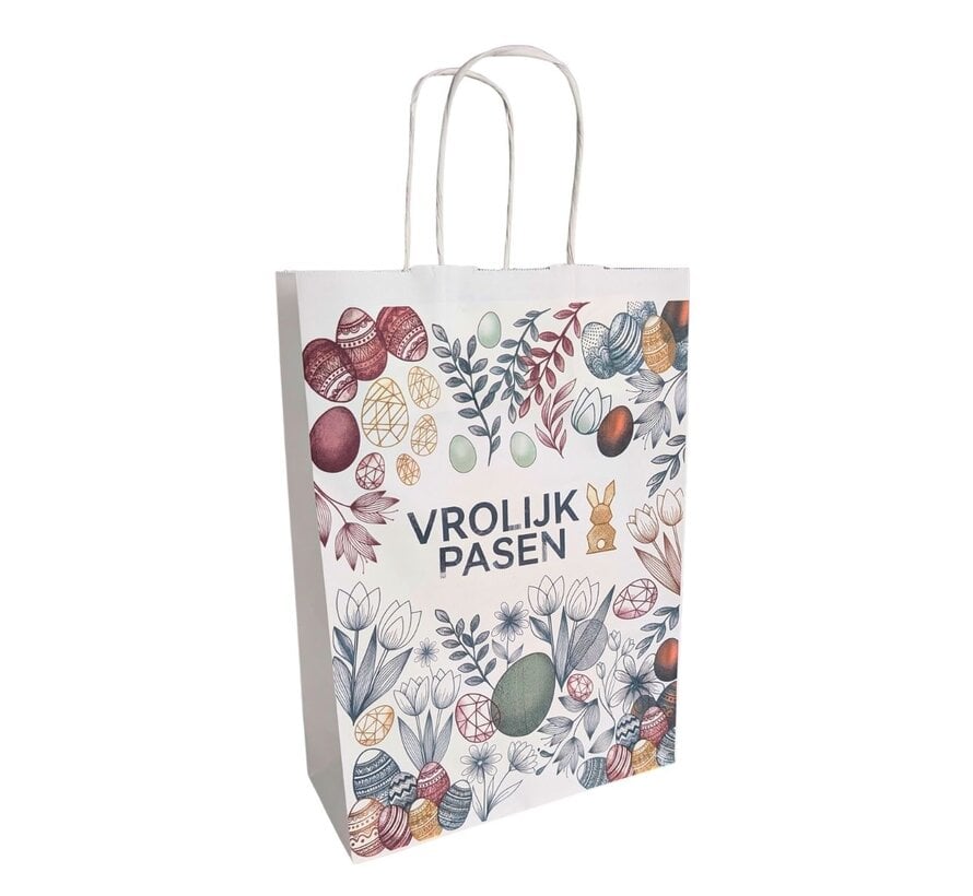 Draagtas Pasen - Witte papieren tas met Paasprint - 25 x 15 x 32 cm - Doos met 100 stuks