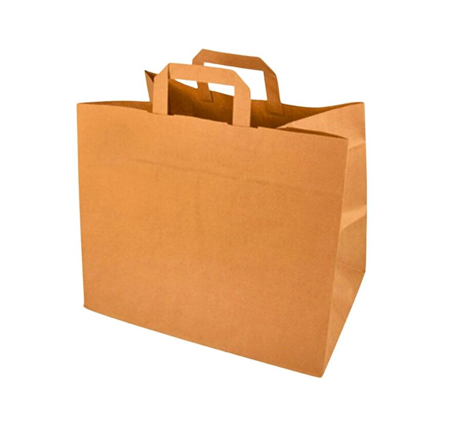 Papieren tasjes bruin - 32 x 16 x 28 cm - Platte handgreep - 250 stuks