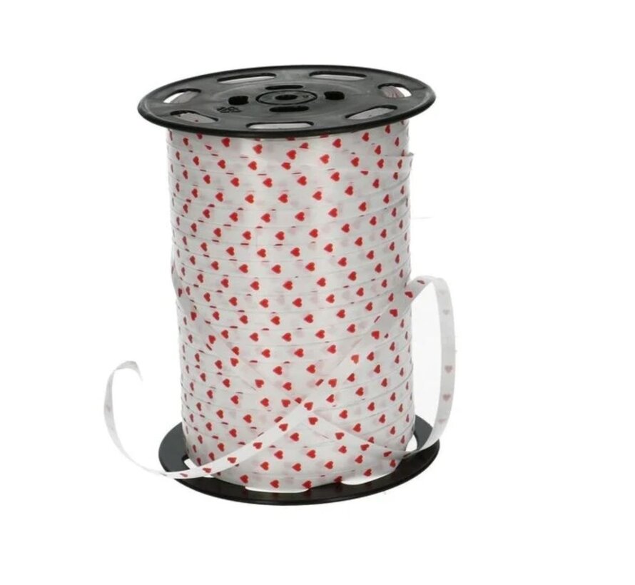 Krullint 5mm Wit met Rode Hartjes - 500 Meter