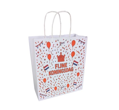 Draagtas Koningsdag - Witte papieren tas met Koningsdag Print - 18 x 8 x 22 cm - Doos met 100 stuks