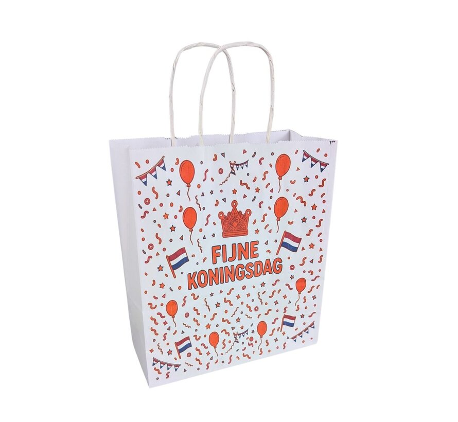 Draagtas Koningsdag - Witte papieren tas met Koningsdag Print - 18 x 8 x 22 cm - Doos met 100 stuks