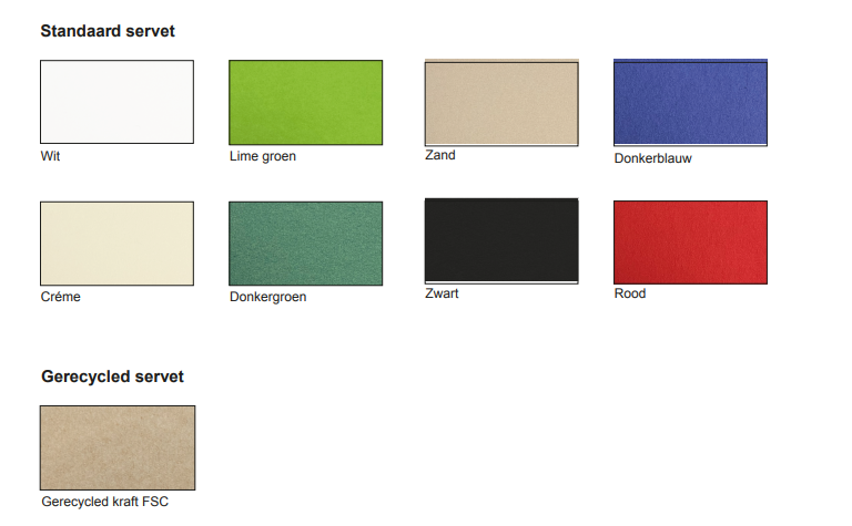 Overzicht servetkleuren: wit, lime groen, zand, donkerblauw, creme, donkergroen, zwart, rood en gerecycled kraft FSC