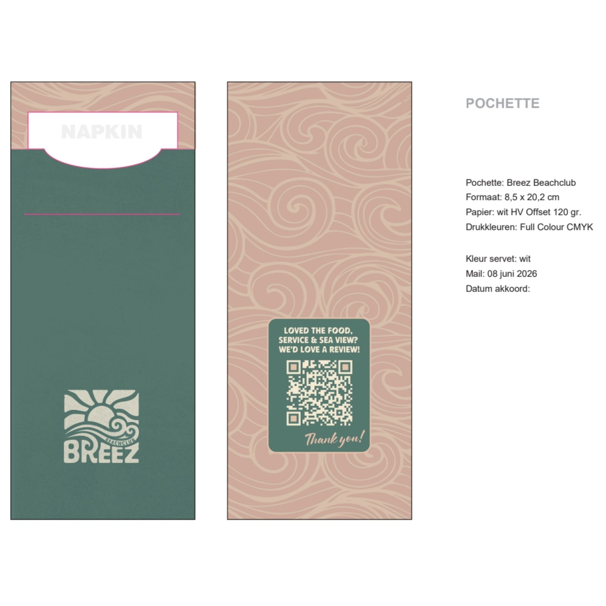 Drukproef bedrukte bestekzakjes Breez Beachclub, voorzijde met golfpatroon en logo, achterzijde met QR-code voor reviews