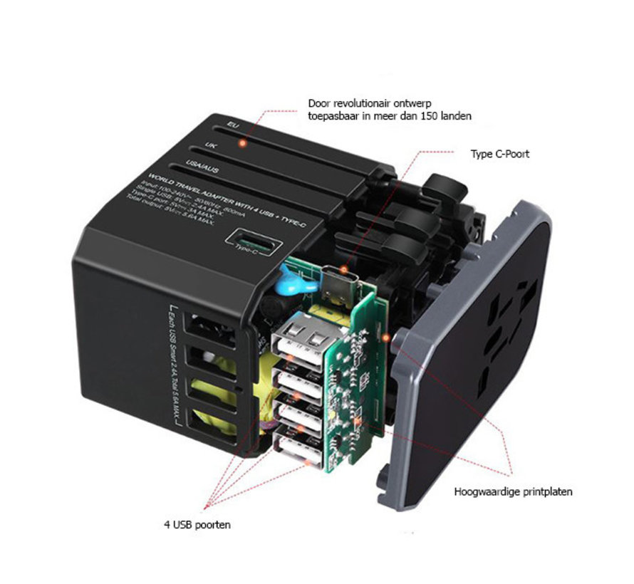 Traveladapter / Wereldstekker 3.0 - Geschikt voor meer dan 150 landen - Kortsluitbeveiliging