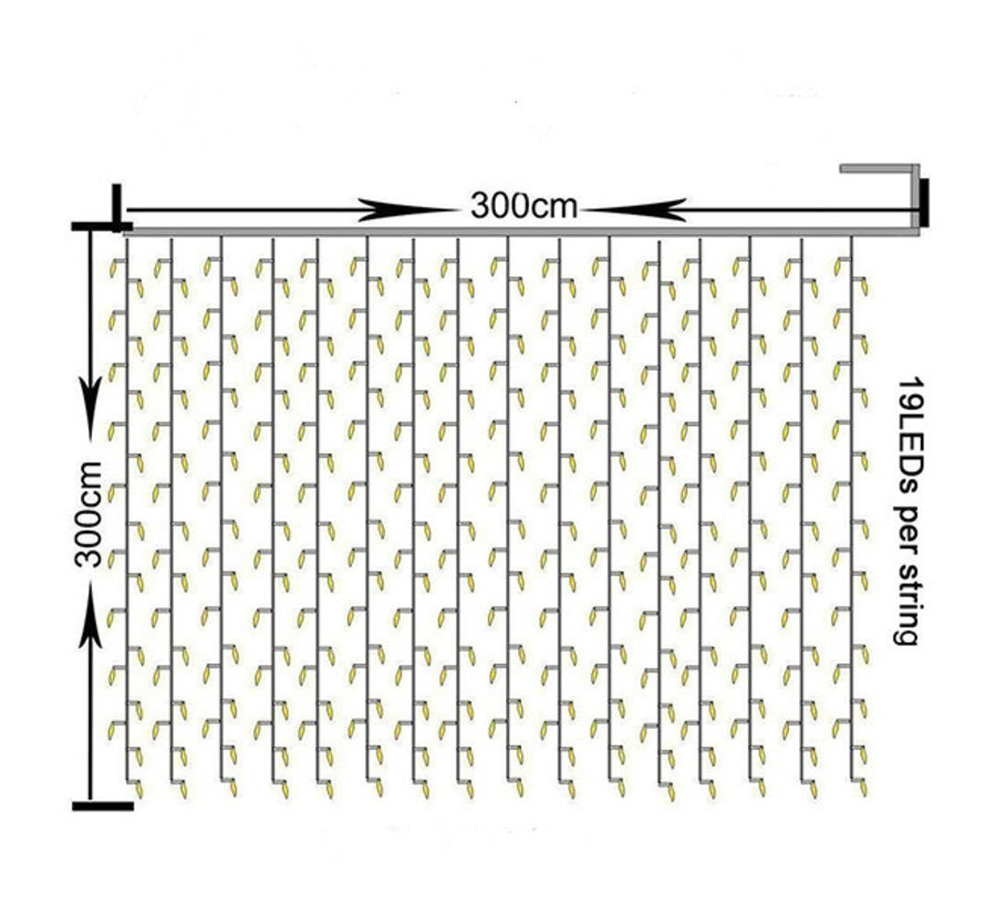 LED Lichtgordijn 3*3 meter op Zonne-energie - 304 Lampen - Extra warm wit - Waterdicht