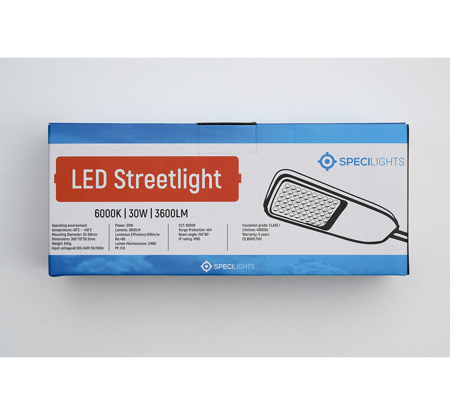 LED Straatlamp Premium 30W 120lm/w - 6000K - 3600 Lumen - IP65 - 5 jaar garantie - Specilights Straatverlichting